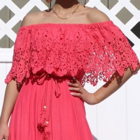 Boho Coral Off Shoulder Crochet Ruffle Maxi Dress - Picture 5 of 5